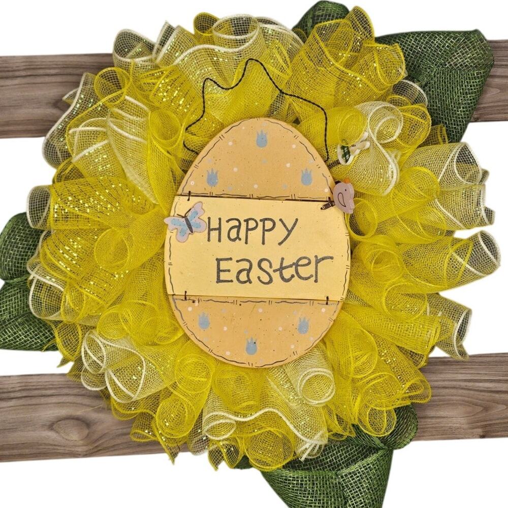 Happy Easter Yellow Wreath Large 24" Wooden Plaque Deco Mesh Full